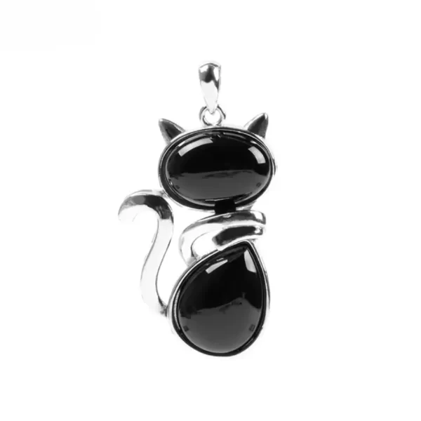 black agate crystal necklace cute cat pendant